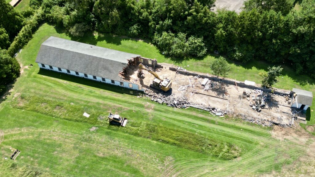 Aerial shot of building being demolished