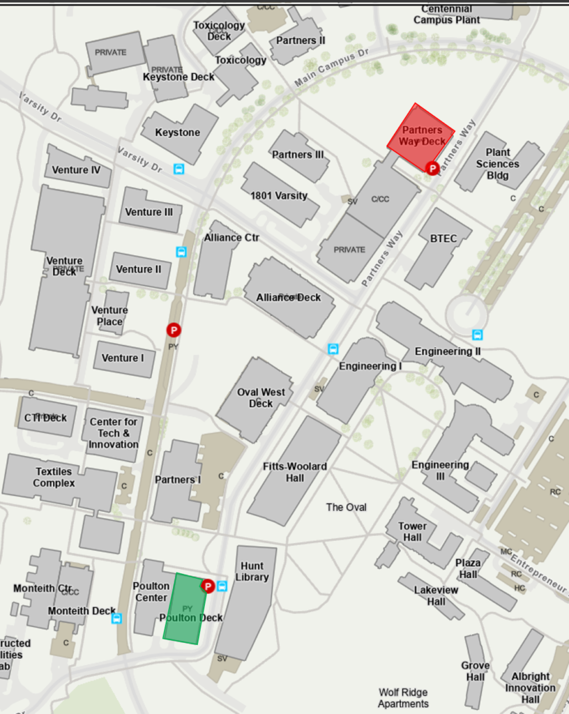 Map of Centennial Campus highlighting the Partners Way Deck and the Poulton Deck.