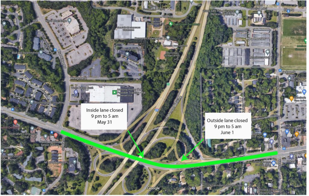 Map highlighting closure on Western Boulevard