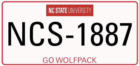 Front license plate with NC State University logo, Go Pack! slogan and NCS-1887 plate number.