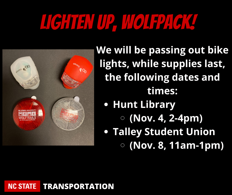 An informational graphic from NC State Transportation announces a bike light giveaway.
